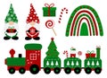 Set Christmas Gnomes rainbow train vector illustration Royalty Free Stock Photo